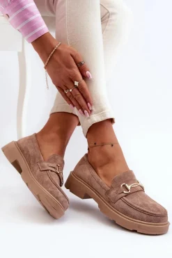 Mokasyny Damskie Ze Złotą Ozdobą Eko Zamszowe Brązowe Lighas
