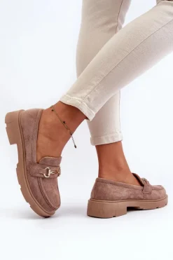 Mokasyny Damskie Ze Złotą Ozdobą Eko Zamszowe Brązowe Lighas