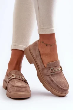 Mokasyny Damskie Ze Złotą Ozdobą Eko Zamszowe Brązowe Lighas