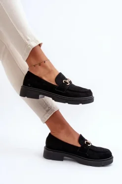 Mokasyny Damskie Ze Złotą Ozdobą Eko Zamszowe Czarne Lighas