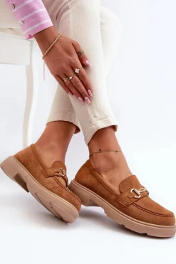 Mokasyny Damskie Ze Złotą Ozdobą Eko Zamszowe Camel Lighas