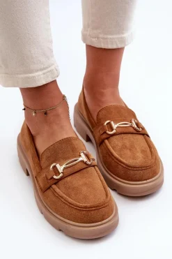 Mokasyny Damskie Ze Złotą Ozdobą Eko Zamszowe Camel Lighas