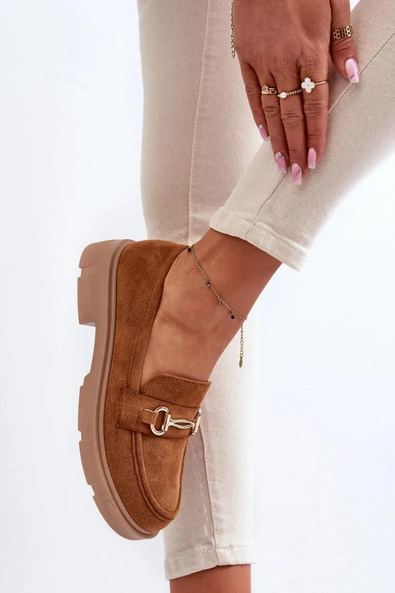 Mokasyny Damskie Ze Złotą Ozdobą Eko Zamszowe Camel Lighas