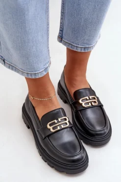 Mokasyny Damskie Ze Złotym Detalem Czarne Trionna