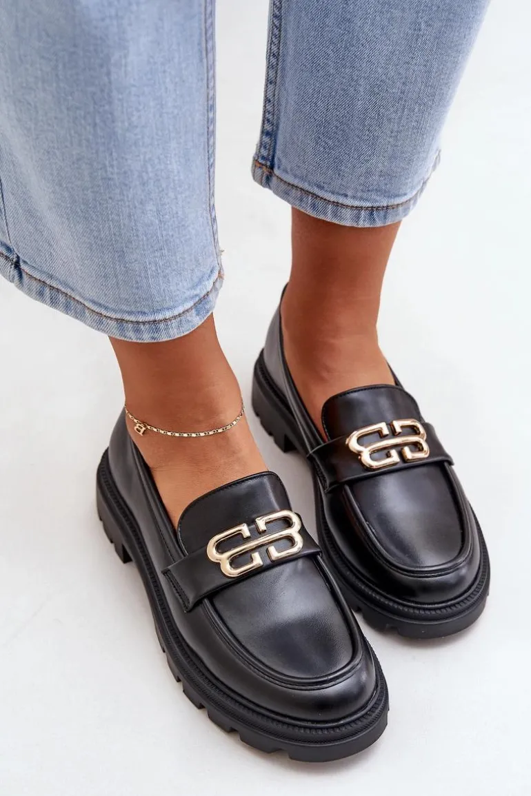Mokasyny Damskie Ze Złotym Detalem Czarne Trionna