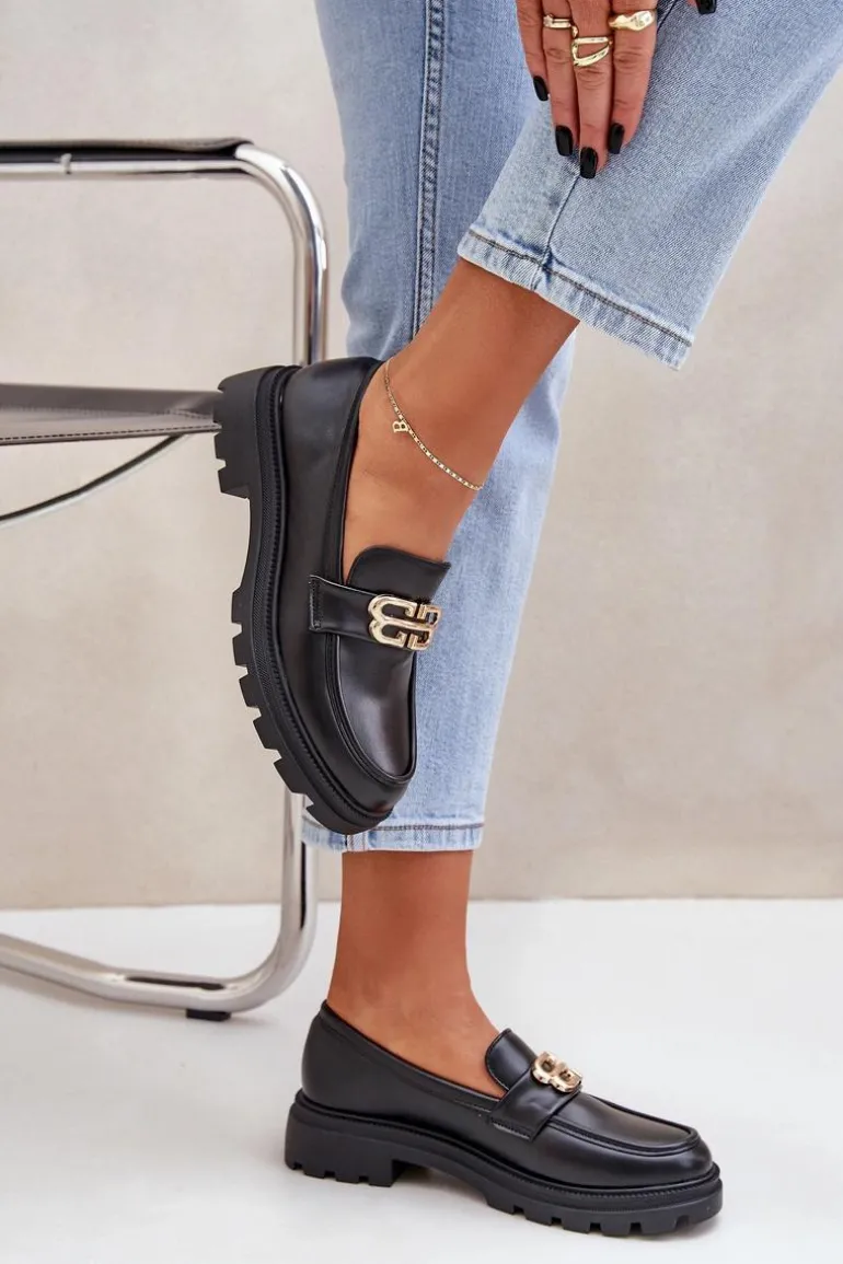 Mokasyny Damskie Ze Złotym Detalem Czarne Trionna