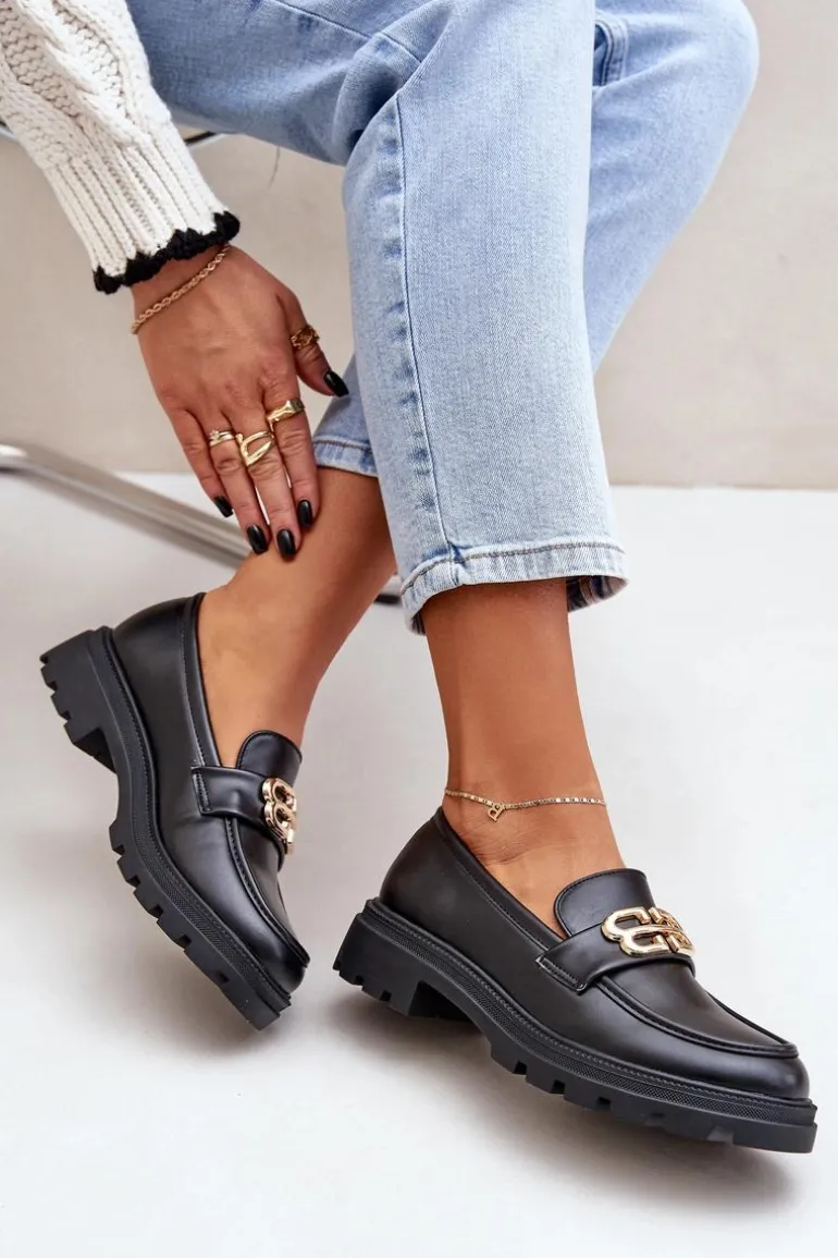 Mokasyny Damskie Ze Złotym Detalem Czarne Trionna