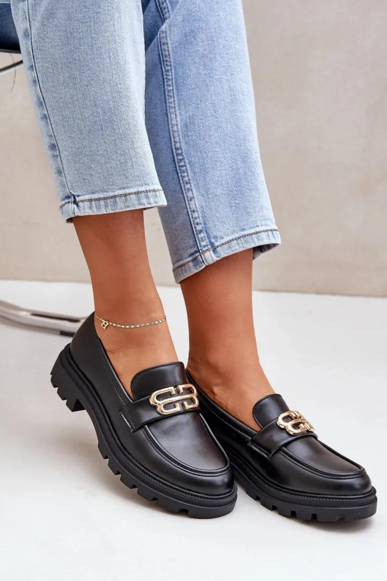 Mokasyny Damskie Ze Złotym Detalem Czarne Trionna