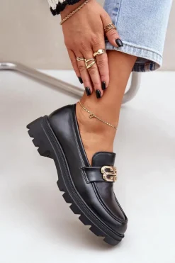 Mokasyny Damskie Ze Złotym Detalem Czarne Trionna