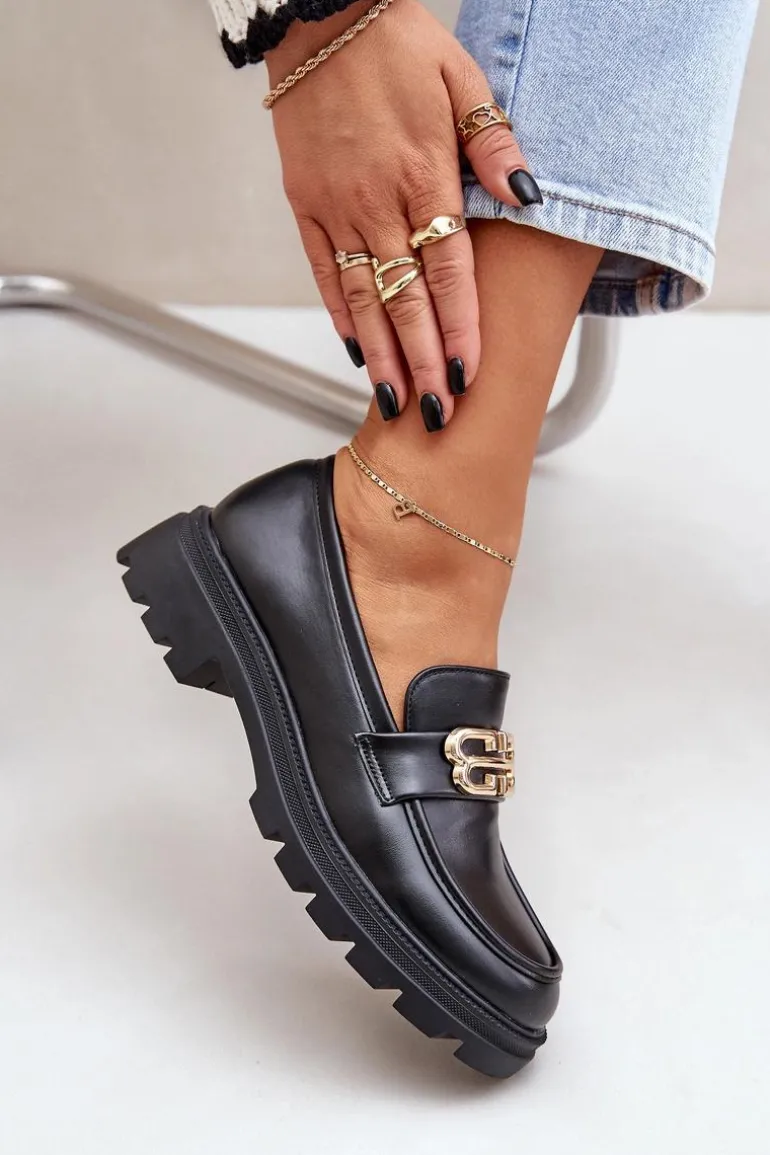 Mokasyny Damskie Ze Złotym Detalem Czarne Trionna