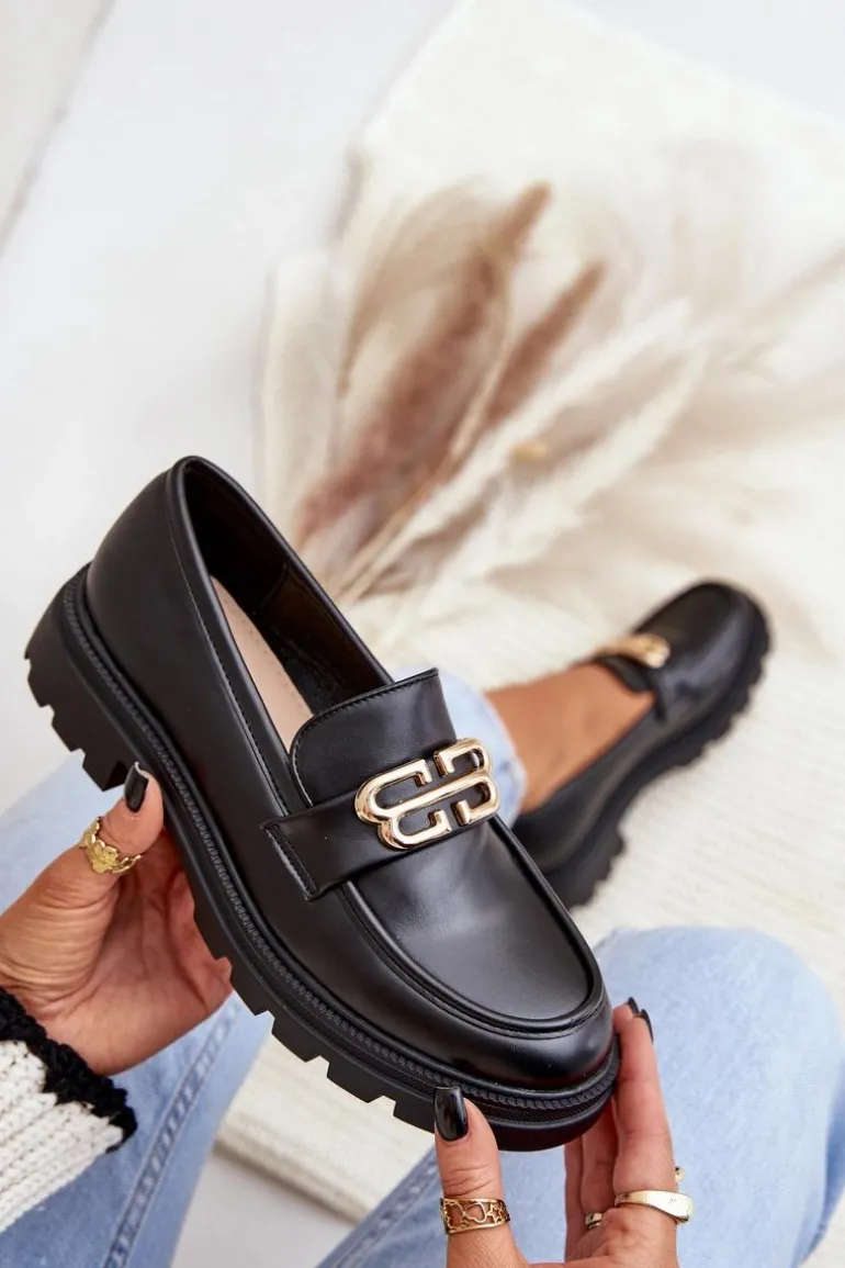 Mokasyny Damskie Ze Złotym Detalem Czarne Trionna