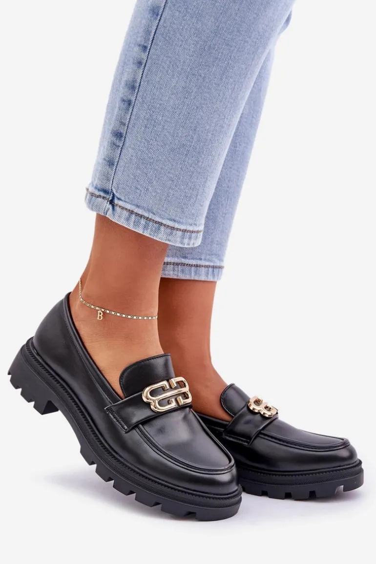 Mokasyny Damskie Ze Złotym Detalem Czarne Trionna