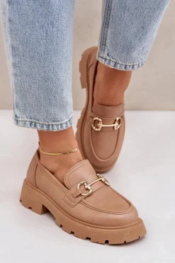 Mokasyny Damskie Ze Złotym Detalem Beżowe Ferietta