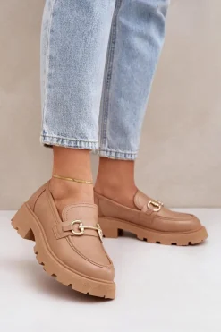 Mokasyny Damskie Ze Złotym Detalem Beżowe Ferietta