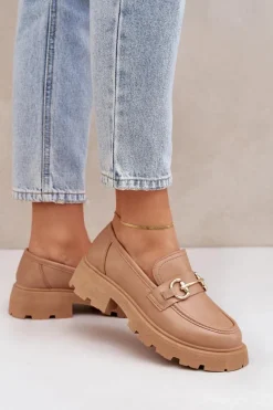 Mokasyny Damskie Ze Złotym Detalem Beżowe Ferietta