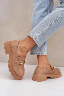 Mokasyny Damskie Ze Złotym Detalem Beżowe Ferietta