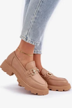 Mokasyny Damskie Ze Złotym Detalem Beżowe Ferietta