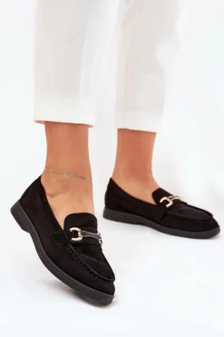 Mokasyny Damskie Ze Złotym Detalem Czarne Labirae
