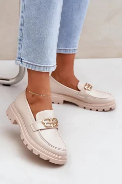 Mokasyny Damskie Ze Złotym Detalem Beżowe Trionna