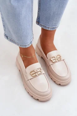 Mokasyny Damskie Ze Złotym Detalem Beżowe Trionna