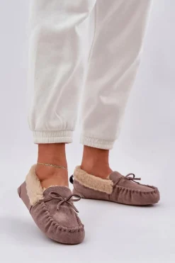 Mokasyny Kapcie Damskie Z Futerkiem Ciemnobeżowe Kleogoria