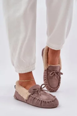 Mokasyny Kapcie Damskie Z Futerkiem Ciemnobeżowe Kleogoria