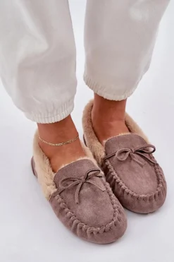 Mokasyny Kapcie Damskie Z Futerkiem Ciemnobeżowe Kleogoria