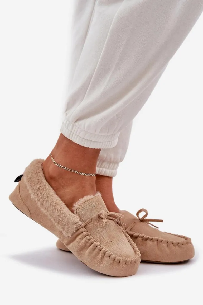 Mokasyny Kapcie Damskie Z Futerkiem Beżowe Kleogoria