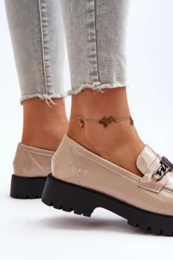 Mokasyny Lakierowane Damskie Na Płaskim Obcasie Beżowe Ezoma