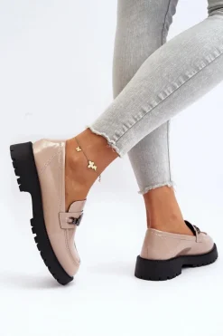 Mokasyny Lakierowane Damskie Na Płaskim Obcasie Beżowe Ezoma