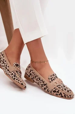 Mokasyny Loafersy Damskie Z Ozdobnym Elementem Panterka Beżowe Evelora