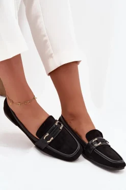 Mokasyny Loafersy Damskie Z Ozdobnym Elementem Czarne Evelora