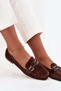 Mokasyny Loafersy Damskie Z Ozdobnym Elementem Czekoladowe Evelora