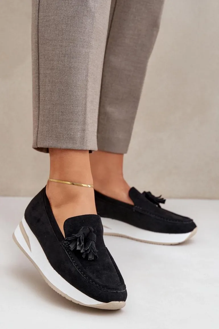 Mokasyny Na Delikatnym Koturnie Eko Zamszowe Czarne Challavia