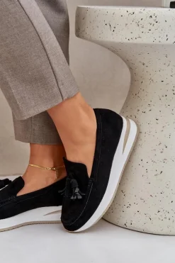 Mokasyny Na Delikatnym Koturnie Eko Zamszowe Czarne Challavia