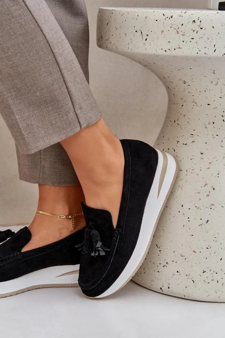 Mokasyny Na Delikatnym Koturnie Eko Zamszowe Czarne Challavia