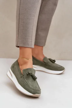 Mokasyny Na Delikatnym Koturnie Eko Zamszowe Zielone Challavia