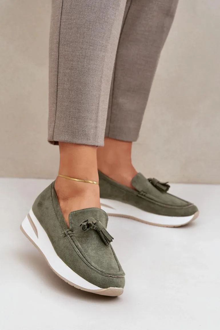 Mokasyny Na Delikatnym Koturnie Eko Zamszowe Zielone Challavia