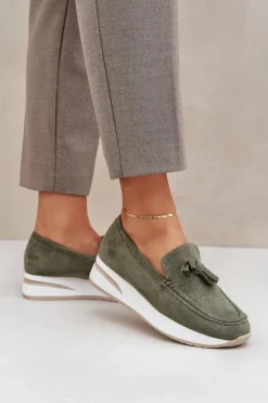 Mokasyny Na Delikatnym Koturnie Eko Zamszowe Zielone Challavia