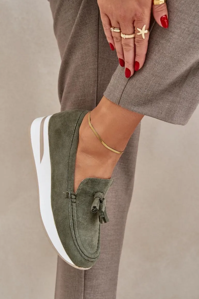 Mokasyny Na Delikatnym Koturnie Eko Zamszowe Zielone Challavia