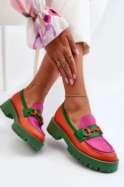 Mokasyny Skórzane Damskie Z Ozdobą CheBello 4444 Pomarańczowe