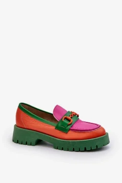 Mokasyny Skórzane Damskie Z Ozdobą CheBello 4444 Pomarańczowe