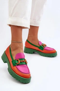 Mokasyny Skórzane Damskie Z Ozdobą CheBello 4444 Pomarańczowe