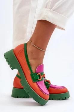 Mokasyny Skórzane Damskie Z Ozdobą CheBello 4444 Pomarańczowe