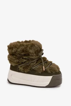 Śniegowce Damskie Na Masywnej Platformie Z Wiązaniem I Futerkiem Ciemnozielone Kalivira