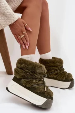 Śniegowce Damskie Na Masywnej Platformie Z Wiązaniem I Futerkiem Ciemnozielone Kalivira