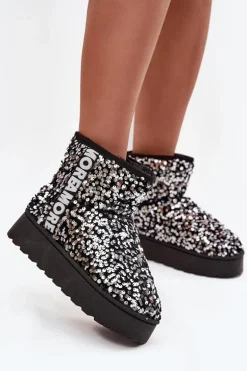 Śniegowce Damskie Na Platformie Zdobione Cekinami Czarno-Srebrne Silmo