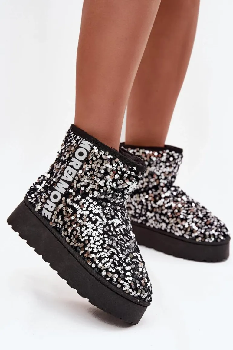 Śniegowce Damskie Na Platformie Zdobione Cekinami Czarno-Srebrne Silmo