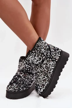 Śniegowce Damskie Na Platformie Zdobione Cekinami Czarno-Srebrne Silmo