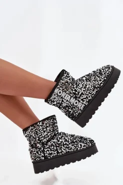 Śniegowce Damskie Na Platformie Zdobione Cekinami Czarno-Srebrne Silmo